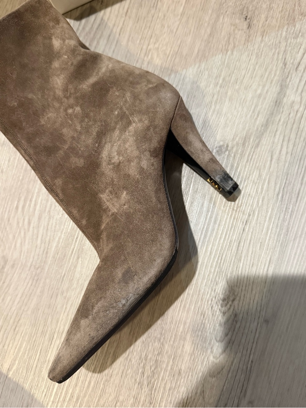 Saint Laurent Taupe Suede Pointed-Toe Mid-Heel Ankle Boots - Picture 4 of 8